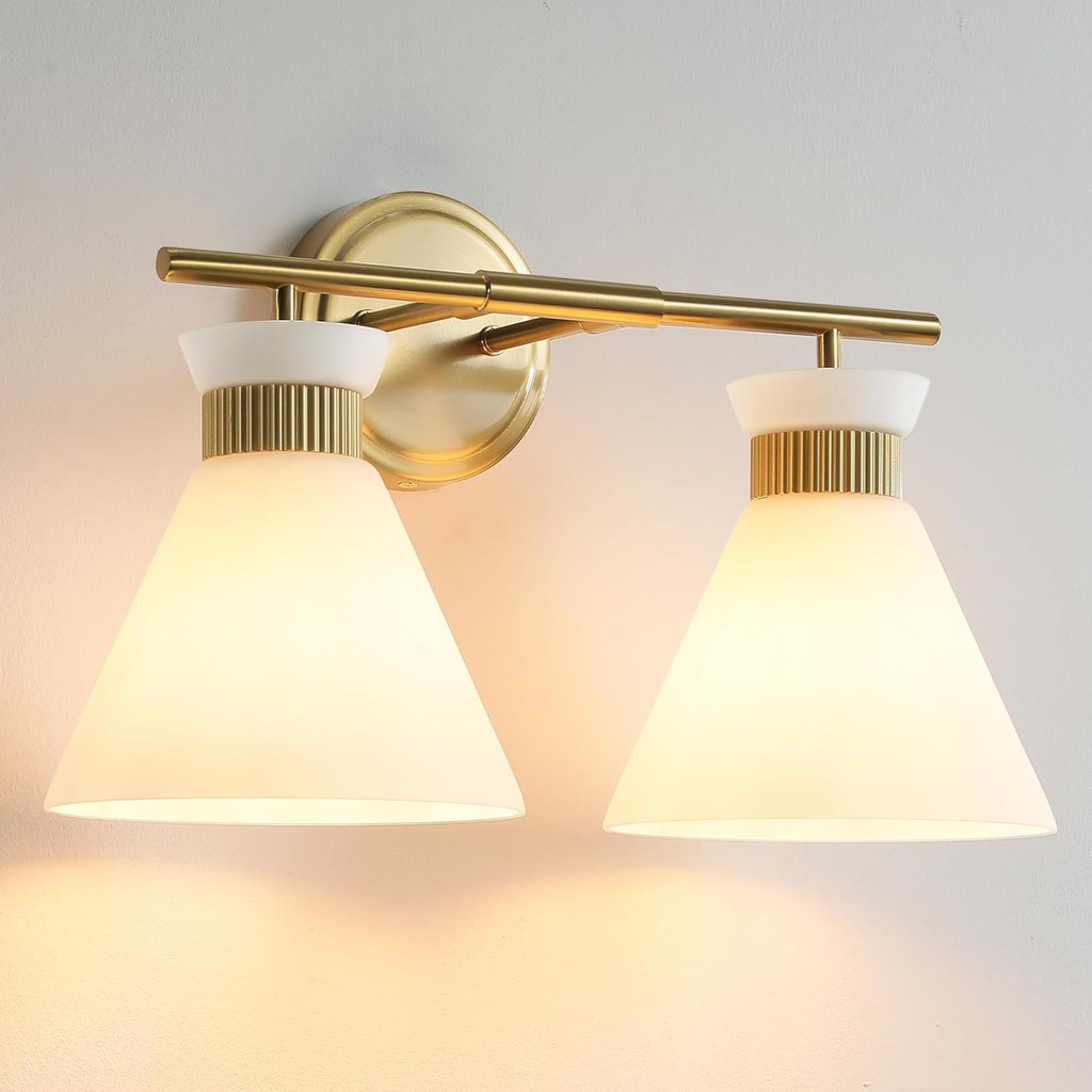 WOSHITU Gold Bathroom Light Fixtures: Modern Vanity Lighting Fixtures 2 Lights for Bathroom Mid Century Vanity Light Sconces Over Mirror with Frosted Milky Glass for Bath Bedroom Makeup