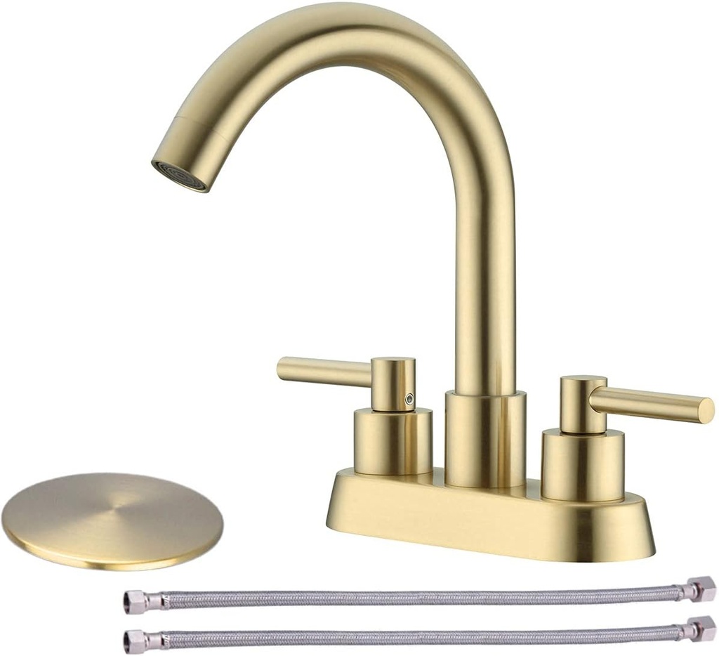TRUSTMI Brushed Gold Bathroom Faucet 4 Inch Centerset 2 Handle 3 Hole Lavatory Vanity Sink Faucet with Overflow Pop Up Drain and cUPC Water Supply Lines, Spot Resist