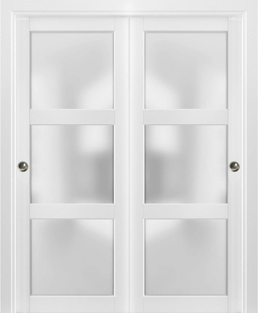 SARTODOORS Sliding Closet Frosted Glass 3 Lites Bypass Doors 60 x 84 inches | Lucia 2552 Matte White | Sturdy Top Mount Rails Moldings Trims Hardware Set | Wood Solid Bedroom Wardrobe Doors