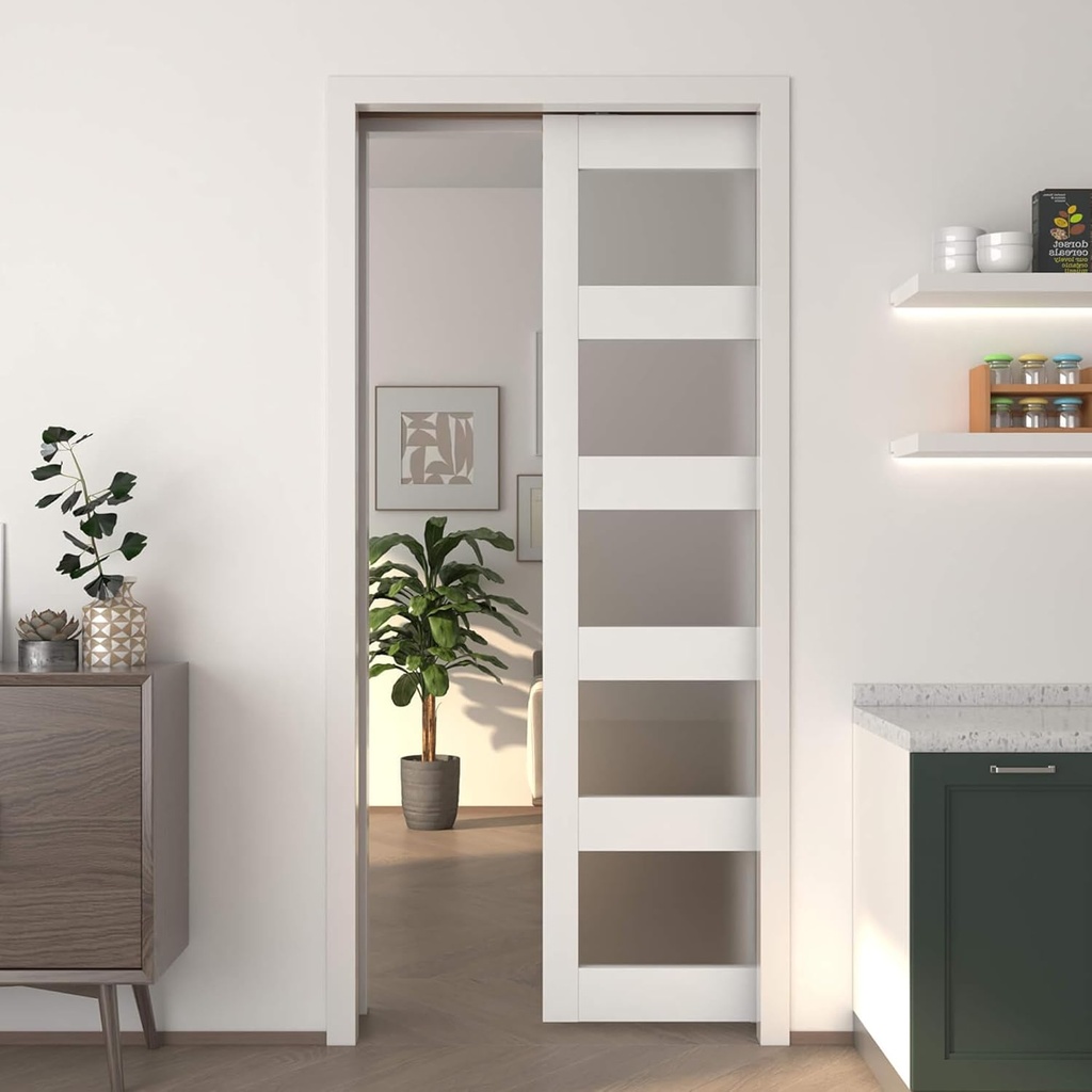 JUBEST Pocket Door 30"x80", 5-Panel Tempered Frosted Glass Sliding Pocket Door with Soft Close Hardware Kit, Sturdy Solid Wood & MDF with Water-Proof PVC Surface, Assembly Needed, White