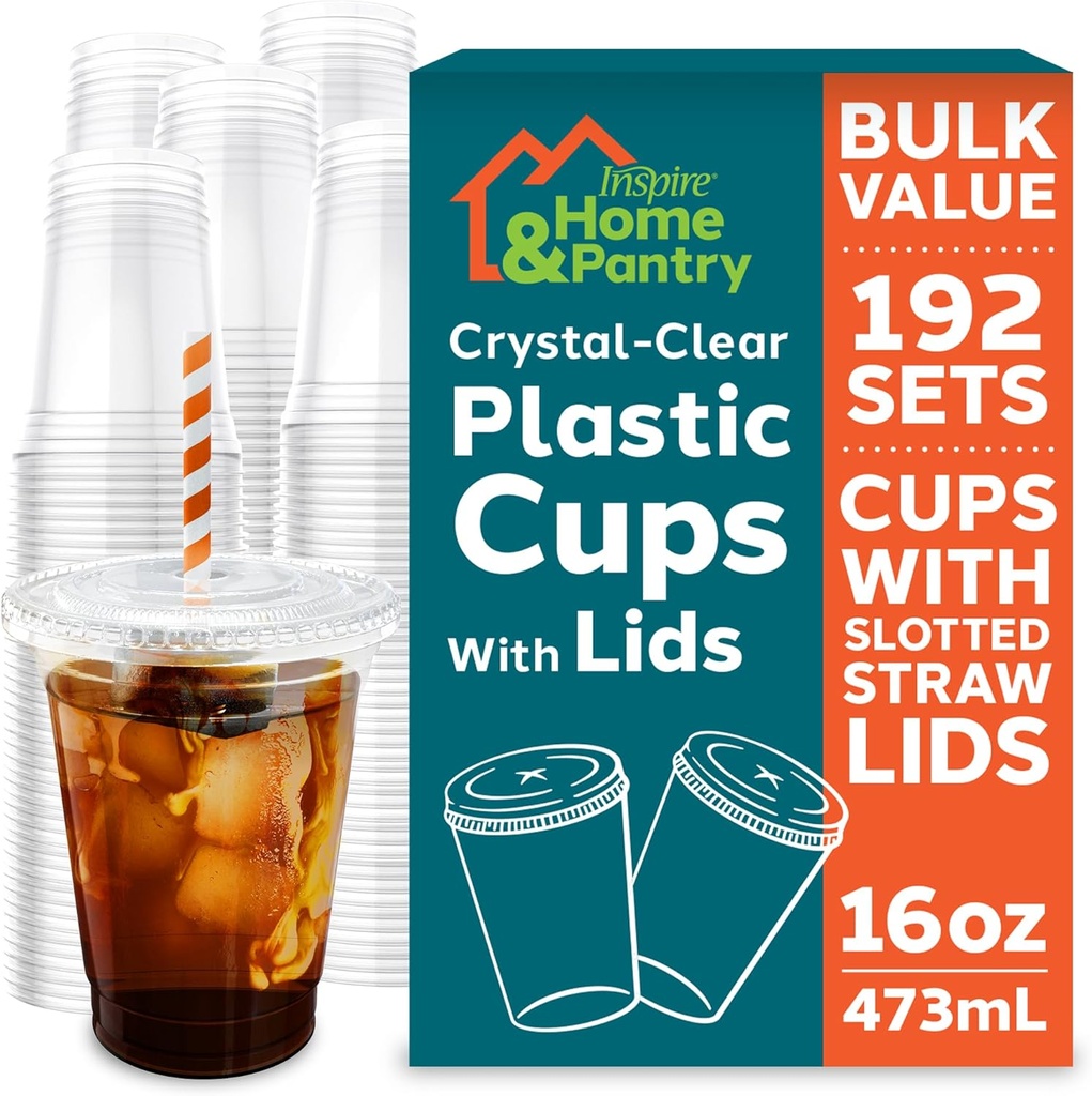 Inspire Disposable Cups with Lids | Bulk Smoothie Cup | Iced Coffee Cups with Lids, 16 Oz - 192 Count