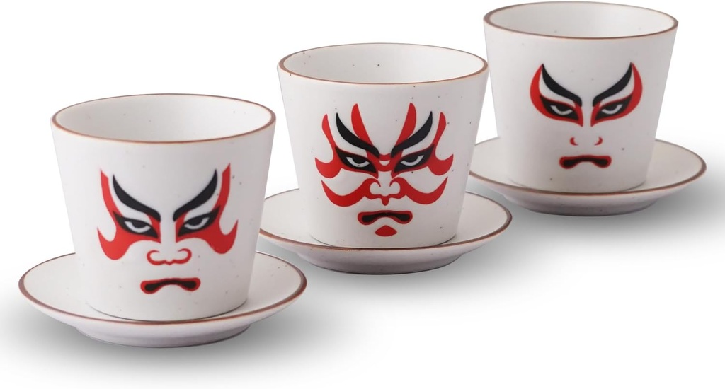 Japanese Traditional Pattern Potter, set of 3 Sake Cups and 3 Small Plates with Gift Box, 3.9 fl oz Full Size - Saucer, Snack Plate, Sake, Coffee, Tea, Made in Japan