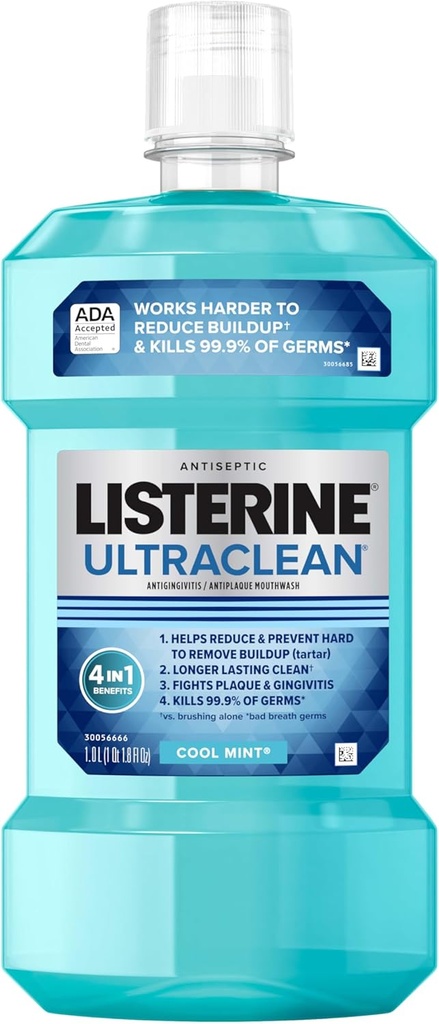 Listerine Ultraclean Oral Care Antiseptic Mouthwash, Everfresh Technology to Help Fight Bad Breath, Gingivitis, Plaque & Tartar, ADA-Accepted Tartar Control Oral Rinse, Cool Mint, 1 L