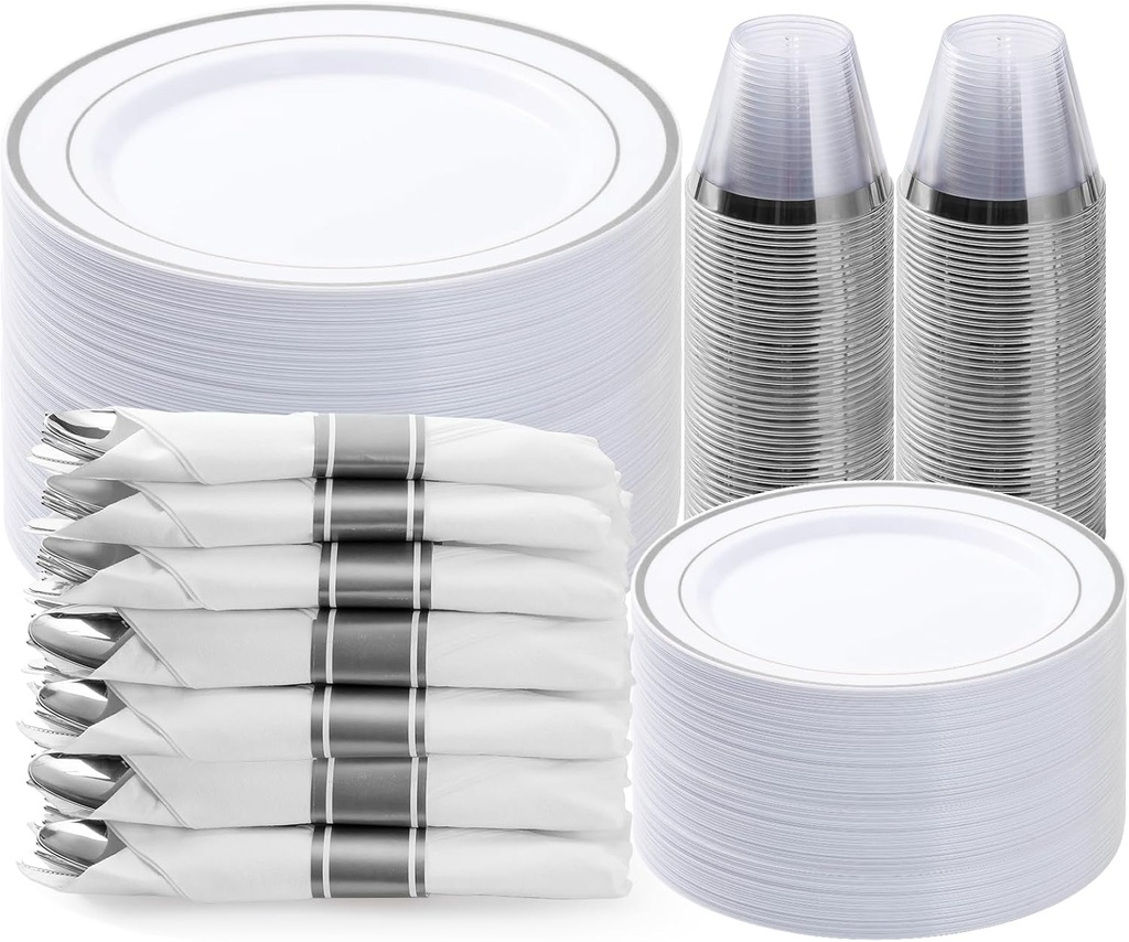 BESTVIP 350PCS Silver Plastic Dinnerware Set, Disposable Party Plates for 50 Guests, Include: 100 Plastic Plates, 50 Pre Rolled Napkins with Silver Silverware, 50 Cups