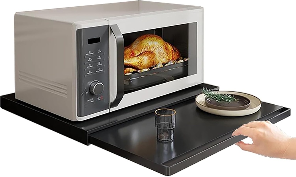 Microwave Pull-Out Cabinet Organizer Shelf, Kitchen Carbon Steel Microwave Oven Rack with Pull-Out Drawers & Shelves for Various Kitchen Appliances (Black)