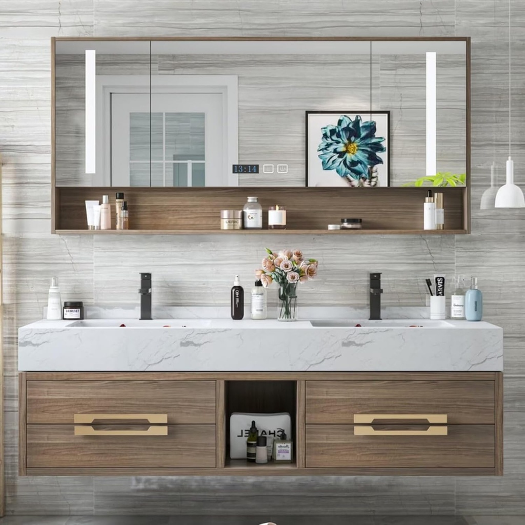 Floating Bathroom Vanity with Double Sinks 78Inch(Wood Grain Cabinet)(Light Luxury Style) Open Storage Space,Mirror Cabinet,LED Smart Defog Mirror