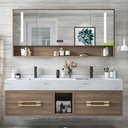 Floating Bathroom Vanity with Double Sinks 78Inch(Wood Grain Cabinet)(Light Luxury Style) Open Storage Space,Mirror Cabinet,LED Smart Defog Mirror