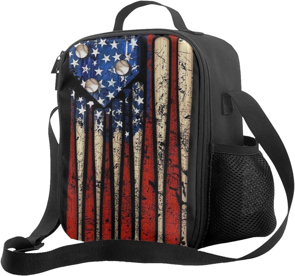 Baseball Lunch Bag with Adjustable Shoulder Strap Outdoor Sports American Flag Insulated Lunch Bags Box Cooler Thermal Reusable Lunch Tote bag for Boys Men