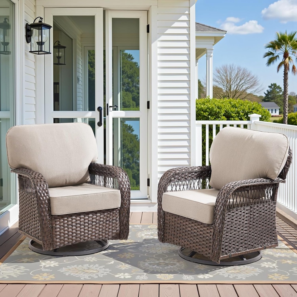 Outdoor Swivel Rocker Chairs - Patio Rocking Chairs Set of 2, Wicker Patio Set with 5" Thick Cushion, Rattan Patio Swivel Rocking Chairs for Porch, Deck, Backyard Beige/Brown