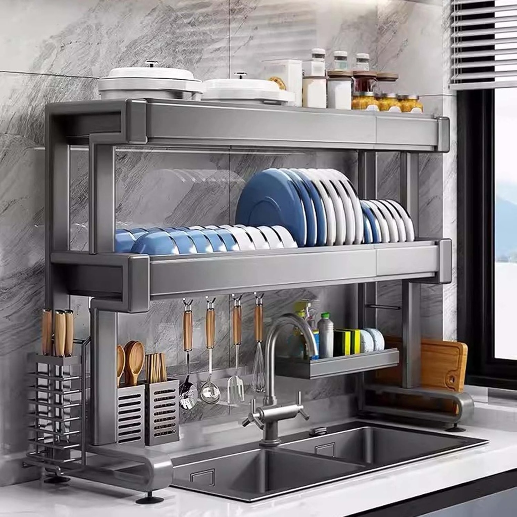 Dish Drying Rack Over The Sink Stainless Steel 76x29x78cm, for Kitchen Counter, Drainer Sink, Space Saving Dryer with Utensil Holder, Knife Holder,66x29x7 (96x29x78cm)