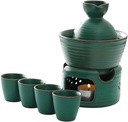 7 Pieces Japanese Sake Set with Warmer Pot and Candle Stove, Ceramic Malachite Green Glaze Wine Glasses Set for Cold Sake, Warm Sake, Shochu and Tea