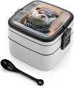 Cute Otter Bento Box Double-Layer Bento Lunch Container with Spoon And Invisible Handle Adult Leak-Proof Lunchbox for Dining Out Work Picnics Travel