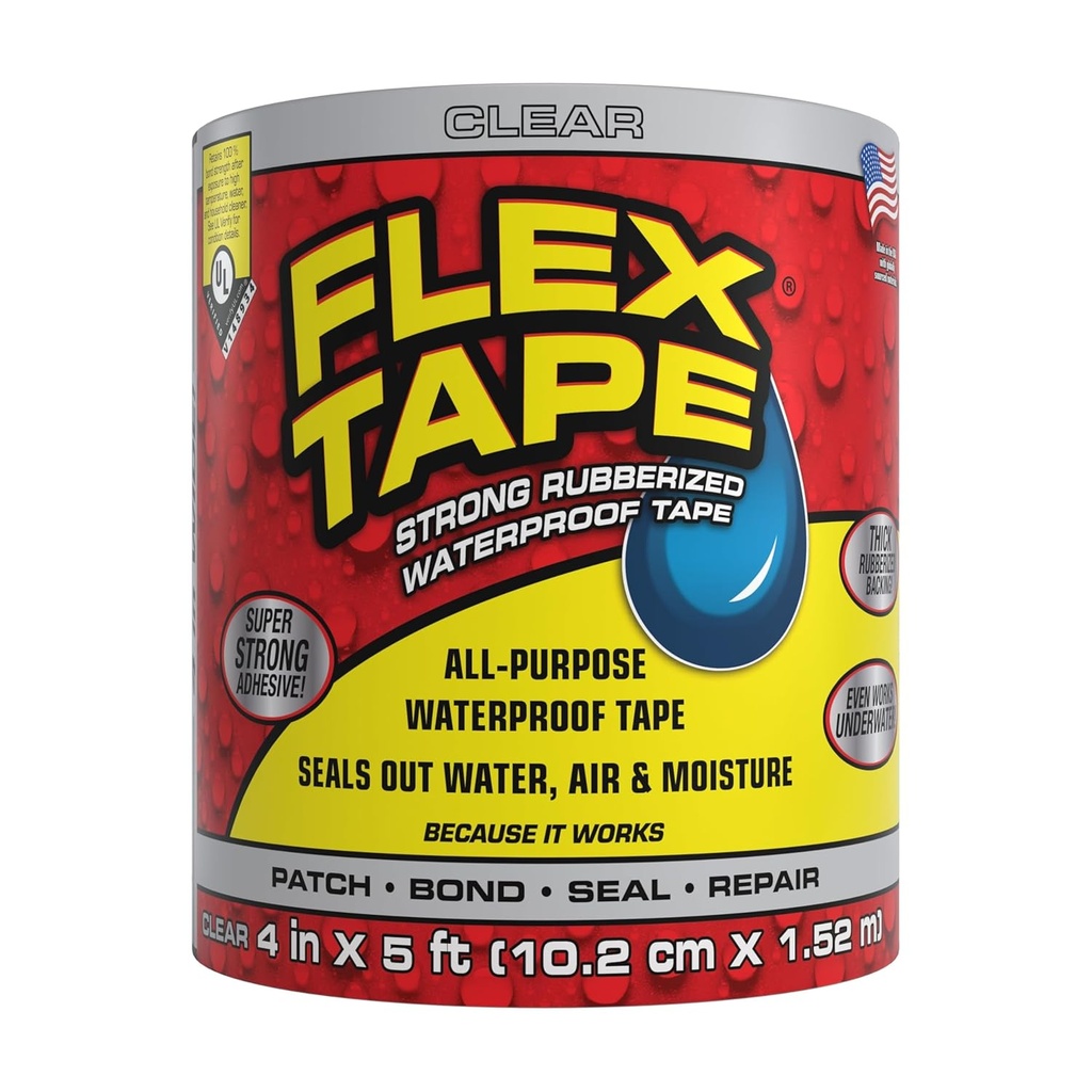Flex Tape, Original Thick Flexible Rubberized Waterproof Tape - Seal and Patch Leaks, Works Underwater, Indoor Outdoor - Home RV Roof Plumbing and Pool Repairs, Clear, 4 in x 5 ft, Pack of 1
