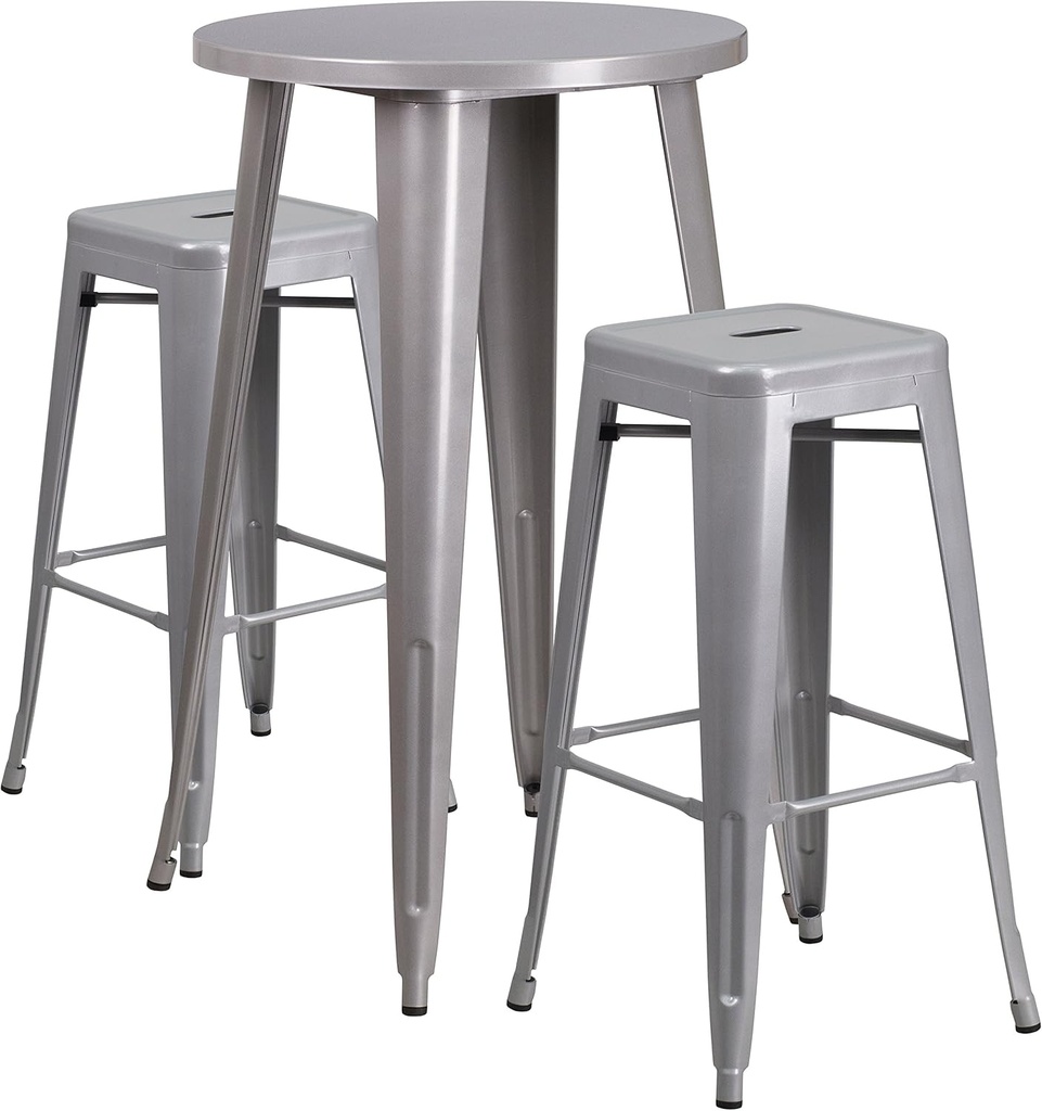 Flash Furniture Commercial Grade 24" Round Silver Metal Indoor-Outdoor Bar Table Set with 2 Square Seat Backless Stools