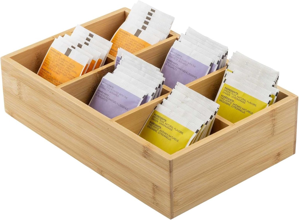 TableCraft Bamboo 6-Compartment Tea Bag Holder – 10 x 6.5 x 2.5 Inches, Sustainable and Stylish Organizer for Tea Bags, Sugar Packets, and Small Items, Perfect for Kitchen or Office Use