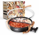 5-Temp Electric Hot Pot with Wood Grain Handles, 6L Family Size, 1100W Rapid Heating, PTFE Non-Stick Coating & Dry-Burn Protection, Dual Divider for Hot & Mild Broths