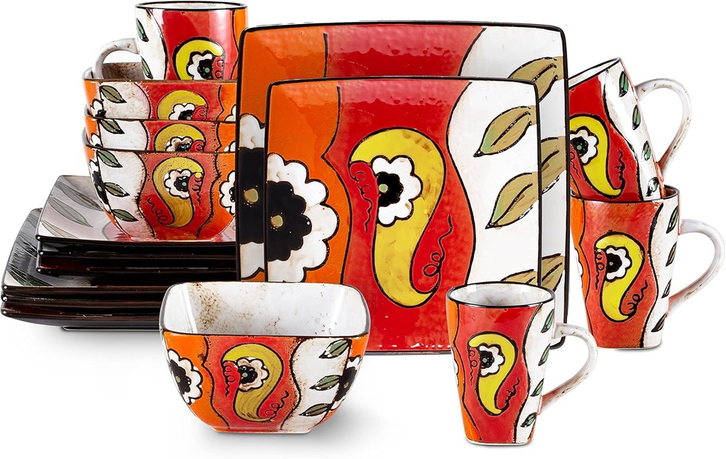 Stoneware Artisan Hand Painted Impressionism Garden, 16pc Reactive Glaze Dinnerware Set