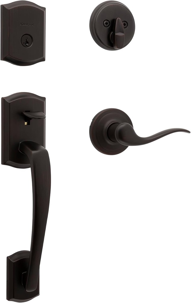 Kwikset Prescott Front Door Lock Handle and Deadbolt Set, Entry Handleset Exterior with Interior Reversible Lever, Venetian Bronze, Pick Resistant SmartKey Rekey Deadbolt Security