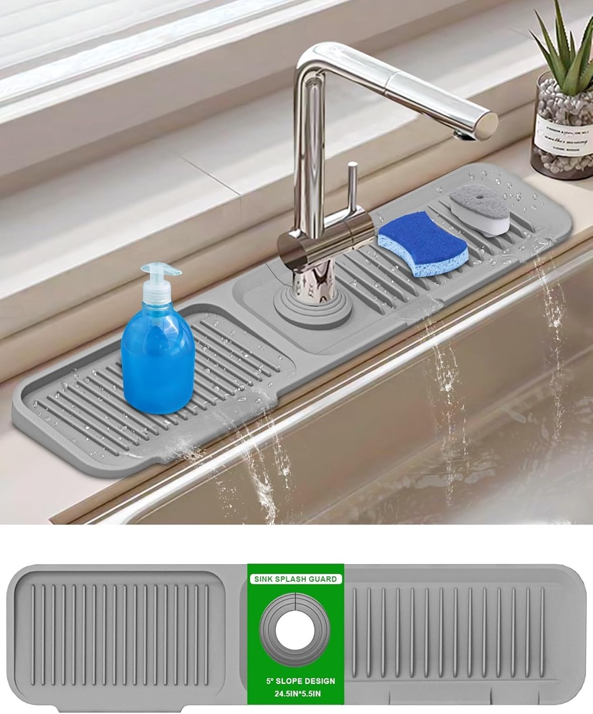 Kitchen Sink Splash Guard, 5°Slope Draining Mat for Kitchen Sink, 24 inch Sink Faucet Mat, Silicone Sink Faucet Mat Splash Guard, Sink Water Splash Guard, Sink Accessories for Kitchen, Bathroom