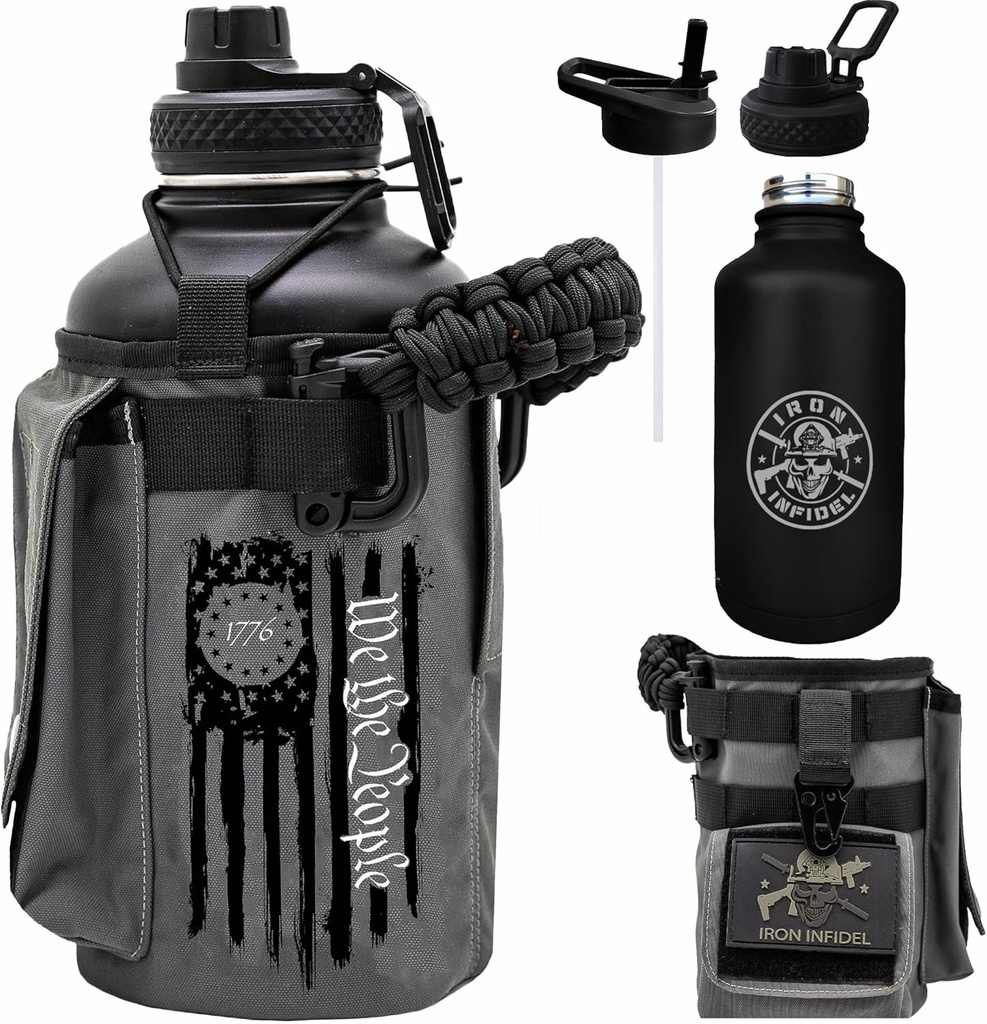 Iron Infidel Battle Bottle - Half Gallon Water Bottle Insulated, 64 oz Stainless Steel Water Jug with Paracord Handle - Gym Flask for Men with Rugged Sleeve for Storage (Betsy Ross 2 Liter)
