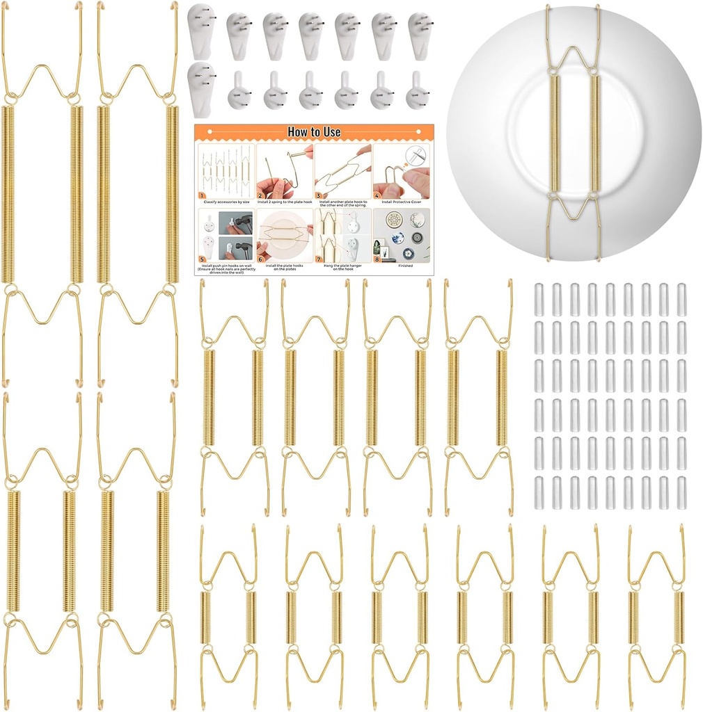 14 Pcs Invisible Plate Hangers for The Wall - 4/6/8/10 Inch Stainless Steel Decorative Plate Holers for Display, Artwork & Home Decor (Includes 14 Wall Hooks & 56 Tip Protectors & Guide)