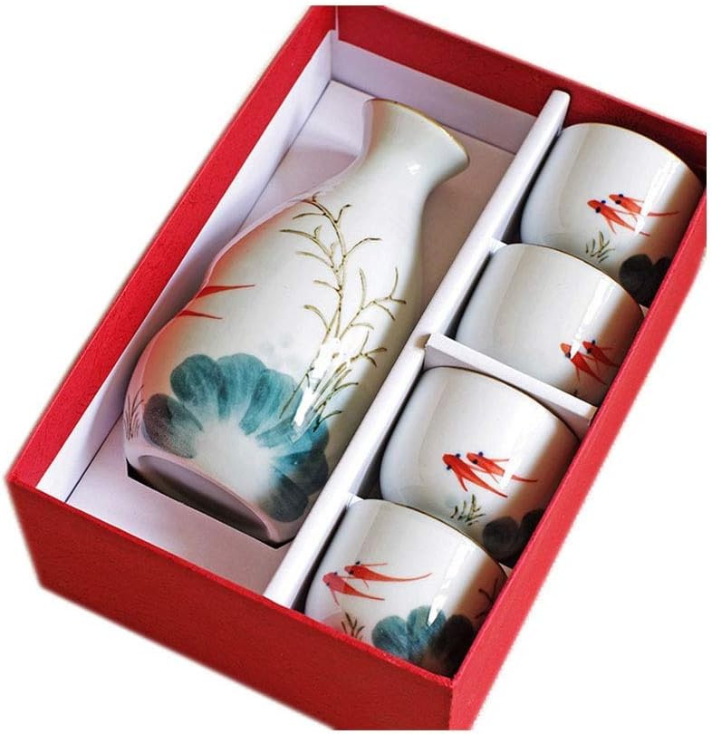 Goldfish Playing Water Sake Set - 5 Sets of Sake Set with Packaging Japanese Style High Temperature Underglaze Ceramic Sake Pot One Pot and Four Cups
