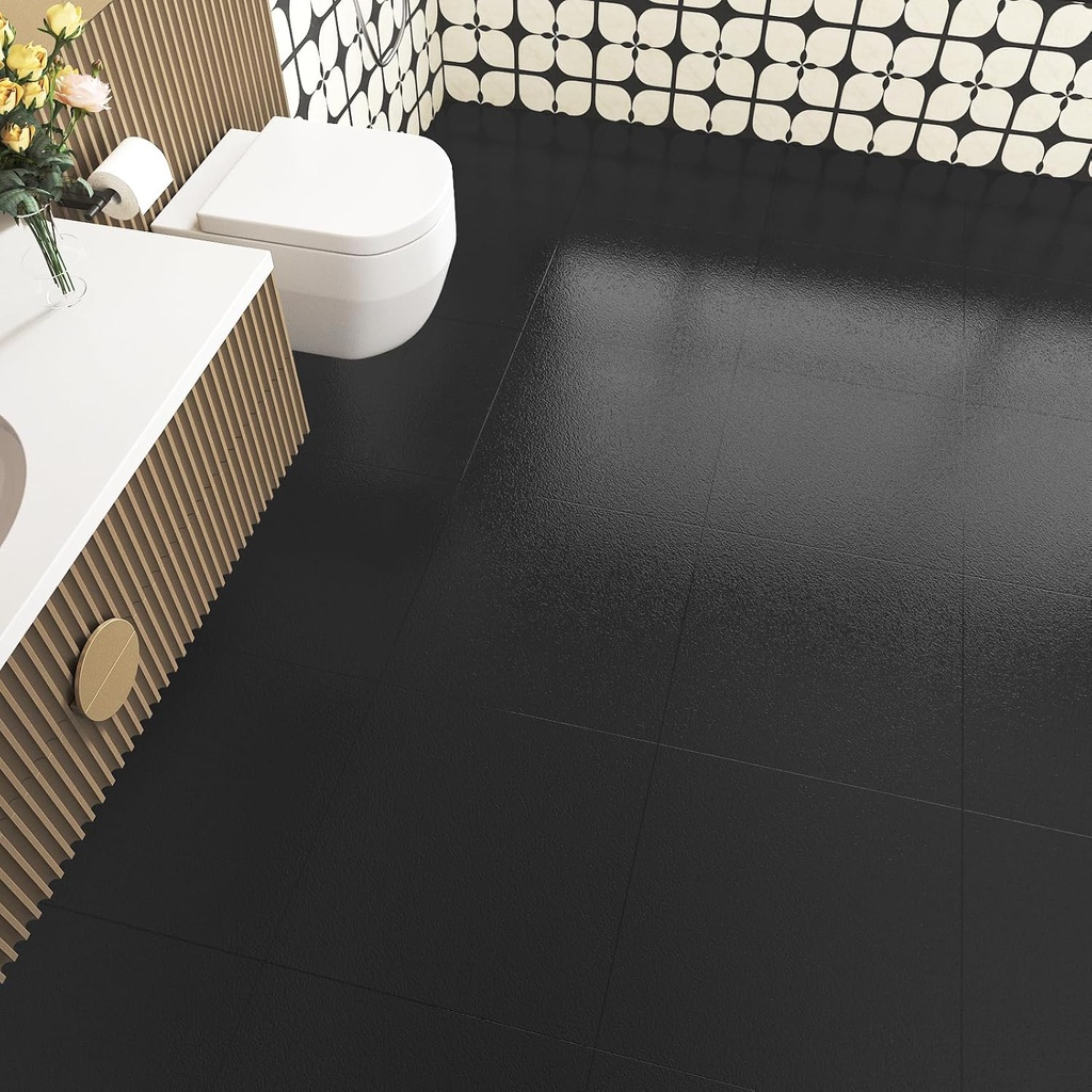 12''x12'' Black Peel and Stick Floor Tile 16PCS Waterproof Vinyl Flooring Tile for Bathroom Self Adhesive Wall Panels for Bedroom Sticky Tiles for Kitchen RV Black Stick on Tiles Home Laminate Floor