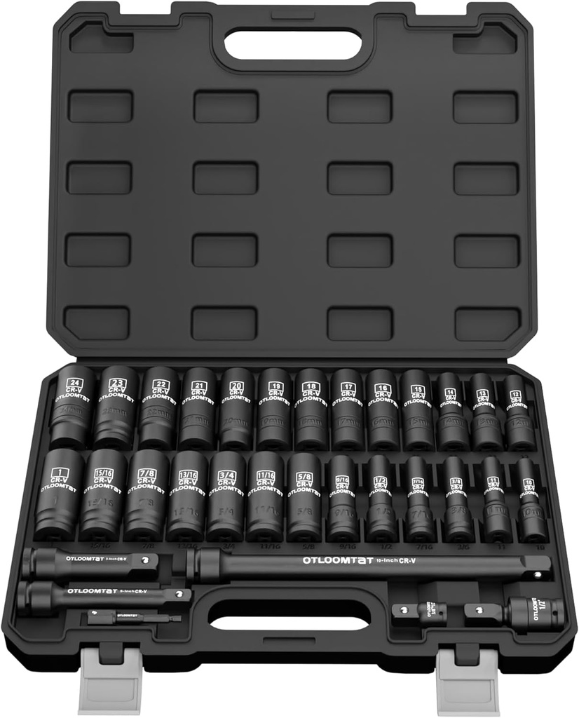 32PCS 1/2" Drive Impact Socket Set - Heavy Duty Industrial-Grade Deep Sockets, Metric/SAE Full Set with Extension Bar, Cr-V Steel Corrosion-Resistant Coating & Premium Storage Case