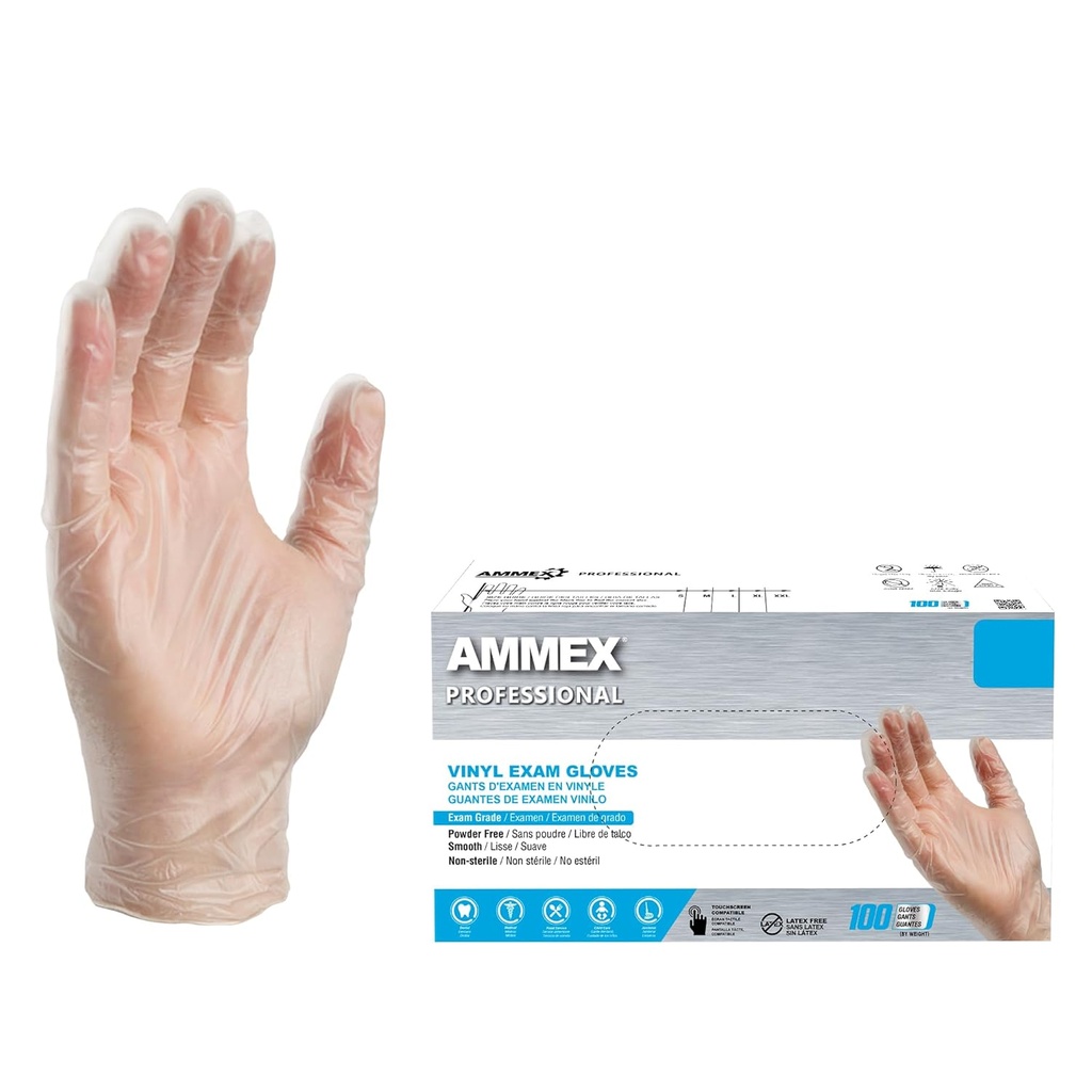 AMMEX Clear Vinyl Disposable Exam/Medical Gloves, 3 Mil, Latex/Powder-Free, Food-Safe, Smooth, Non-Sterile, Medium Box of 100
