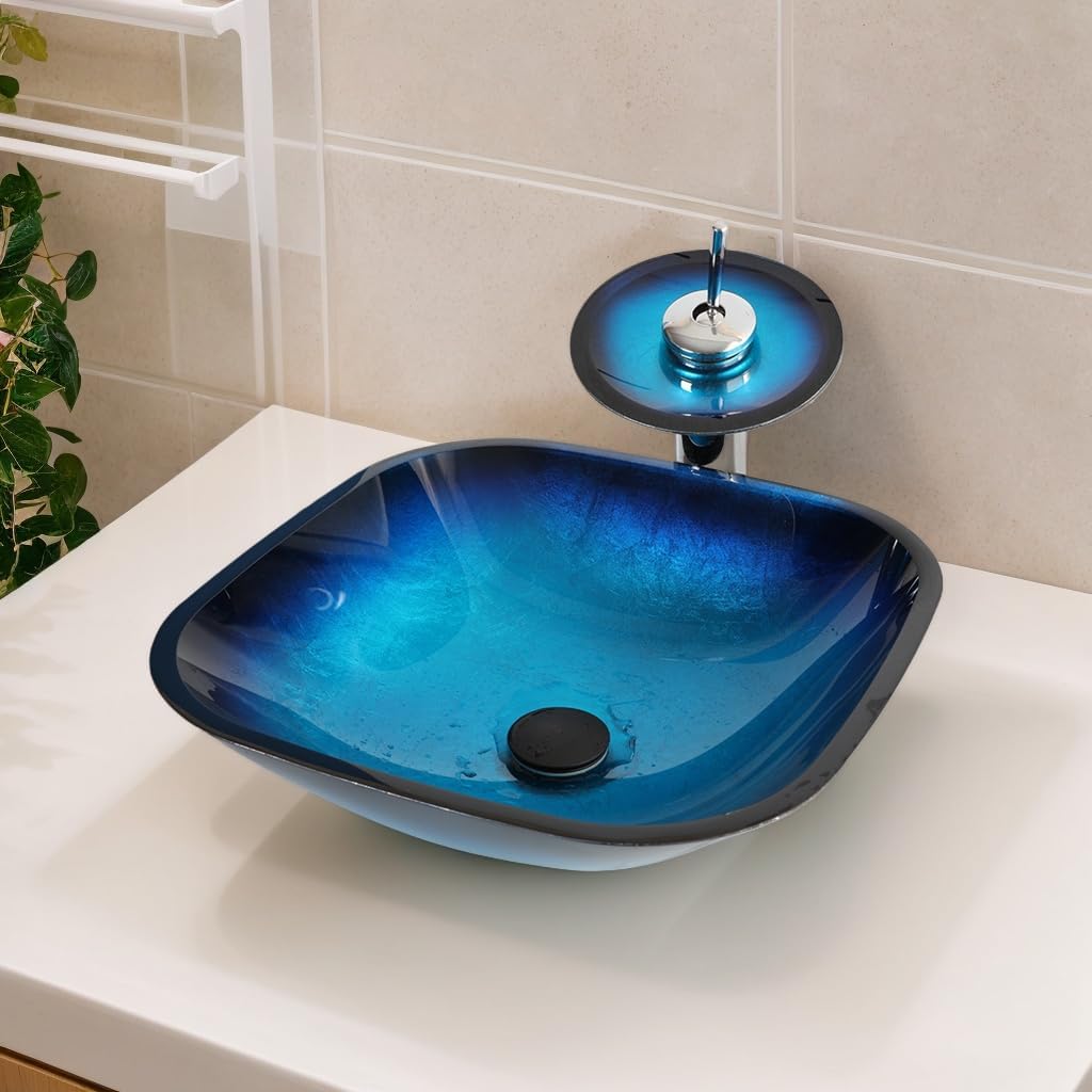 Artistic Vessel Sink - 17 Inch Square Tempered Glass Bowl with Faucet and Drain Combo for Above Counter Bathroom Vanity in Blue