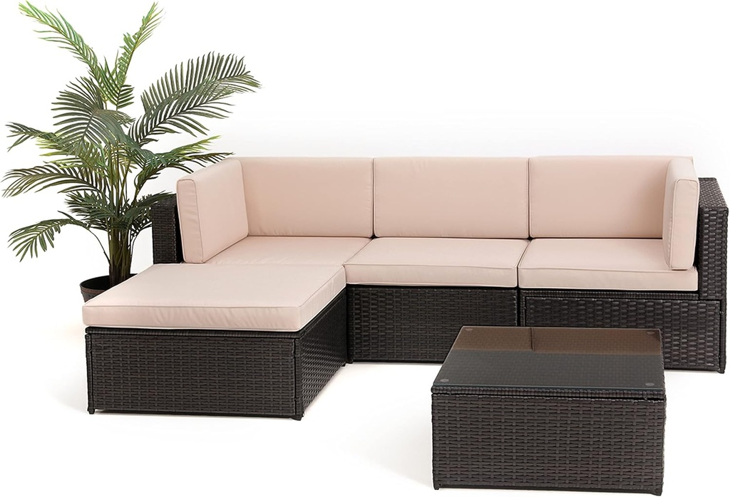 SereneLife Patio Porch Furniture Sets - 5 Piece Patio Accessories and Decor Outdoor, Balcony Patio Conversation Set, Bistro Set, PE Rattan Wicker Chairs w/Soft Cushion & Glass Coffee Table - SLOTFX9