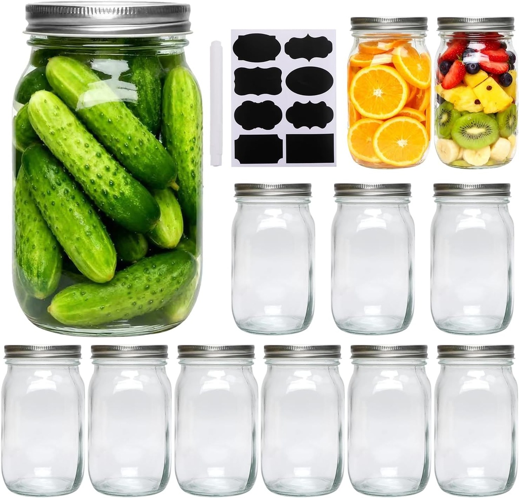 Accguan 33oz Glass Jars with Regular Lids, Mason Jar With Airtight Lids, Clear Glass Jar Ideal for Jam,Honey,Shower Favors,Wedding Favors, 12pack
