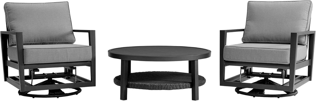 Armen Living Grand 3 Piece Black Aluminum Outdoor Seating Set with Dark Gray Cushions