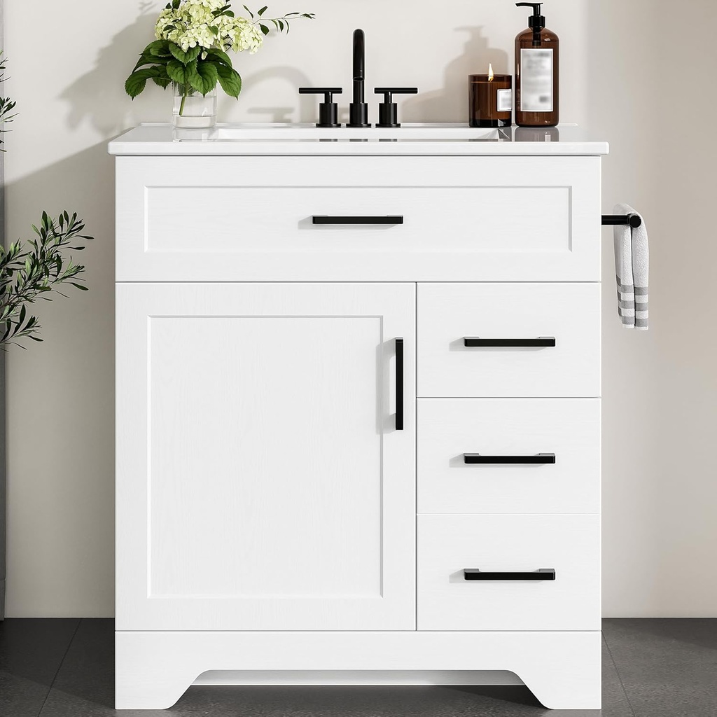 IRONCK 30" Bathroom Vanity with Sink, Freestanding Bathroom Storage Cabinet with 2 Drawers, 1 Tip-Out Drawer and 1 Soft-Close Door, Undermount Rectangular Ceramic Sink, Assembly Required, White