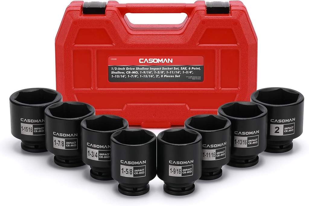 CASOMAN 1/2-Inch Drive Shallow Spindle Axle Nut Impact Socket Set,1-9/16" to 2", 6-Point, SAE, CR-MO, 8 Piece 1/2" Heavy Duty Impact Socket Set