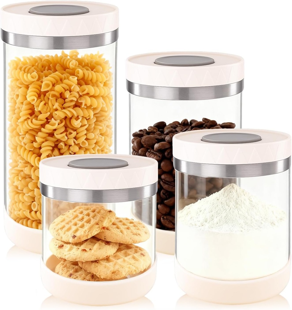 Kitchen Storage Containers with Pop Lids – 4 Sets Airtight Glass Canisters with Protective Silicone Sleeve, Small and Large Pantry Jar Organizer, for Cereal, Flour, Cookie, Sugar, Coffee, Pasta, Treat