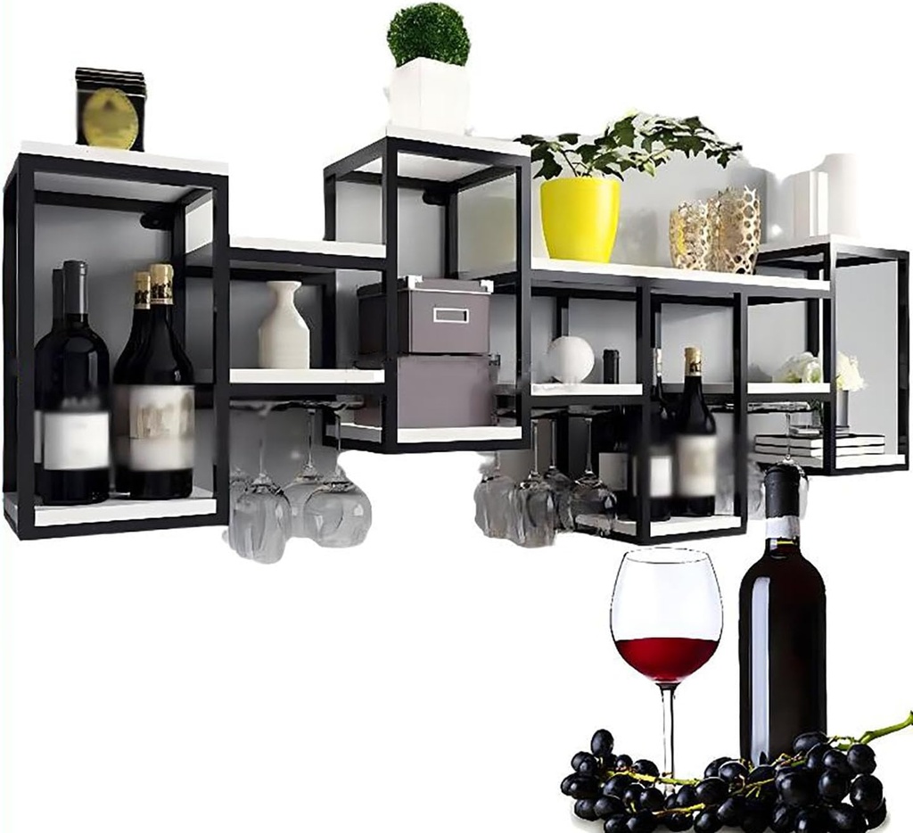 Industrial Wall Mounted Wine Rack,Vintage Bar Floating Shelf,Metal Wine Bottle Holder,Wine Storage for Kitchen,Cellar,Home,Upside Hanging Goblet,A,106CM