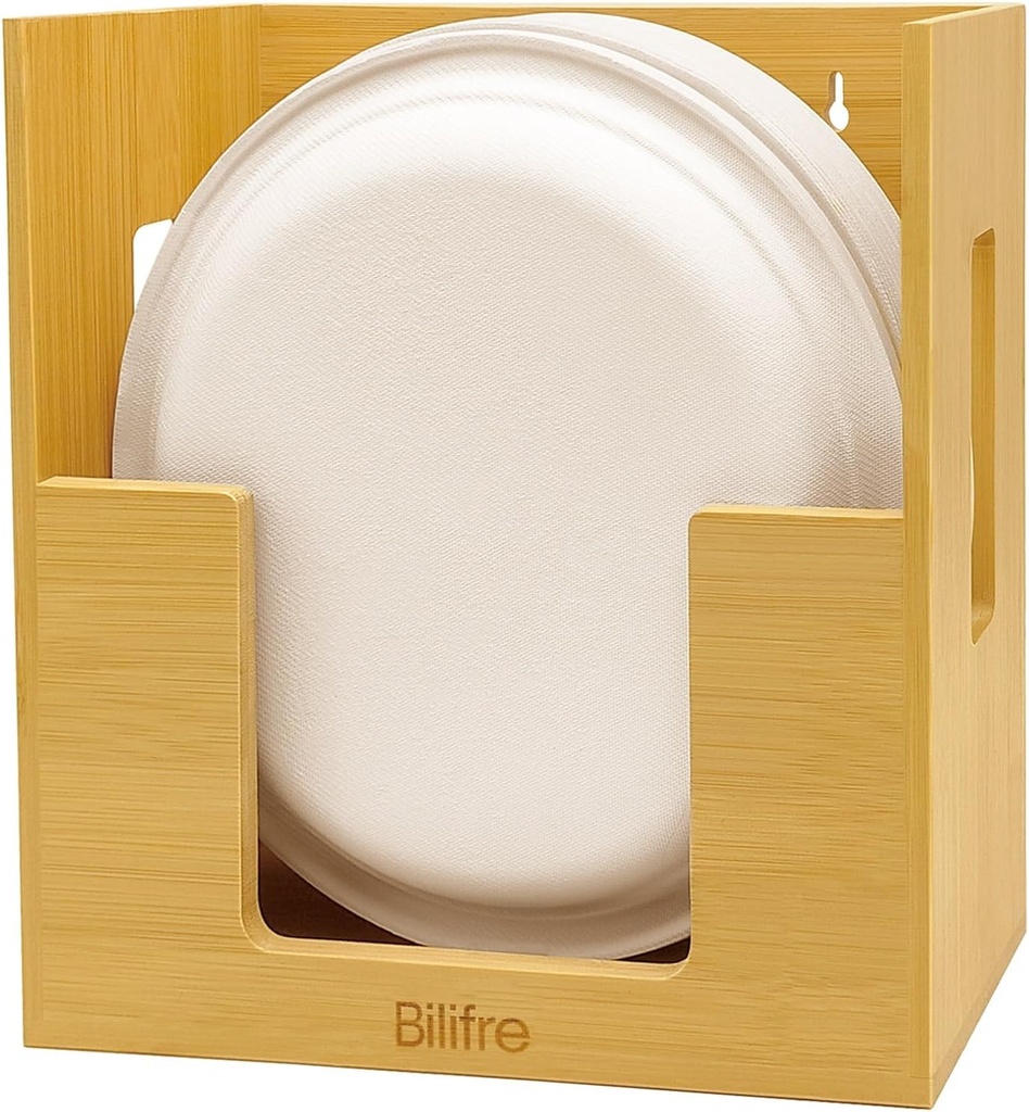 Bamboo 8-10" Paper Plate Holder – High-Capacity Vertical Dispenser, Easy Access Storage for Disposable Plates, No-Drill Wall & Cabinet Mount for Kitchen, Pantry, Office, Party