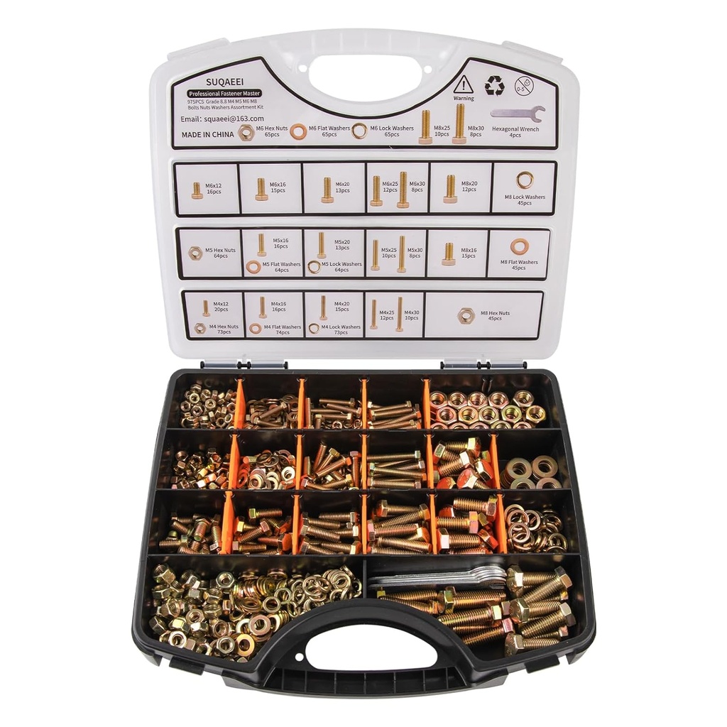 975 Pcs Metric Bolt Assortment - Premium Grade 8.8 Fasteners, Yellow Zinc Plated – M4, M5, M6, M8 (12-30mm), Durable, Corrosion Resistant Nut and Bolt Kit for DIY, Home, Automotive & Machinery Repairs