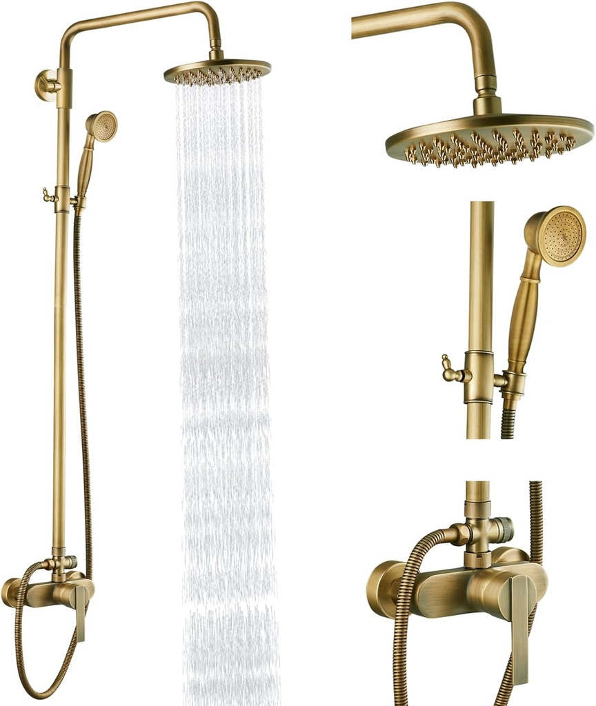 Heyalan Antique Brass Exposed Pipe Shower System 8 Inch Rainfall Shower Head Brass Fixture Combo Set Single Handle Handheld Sprayer Bathroom Shower Faucet Dual Functions