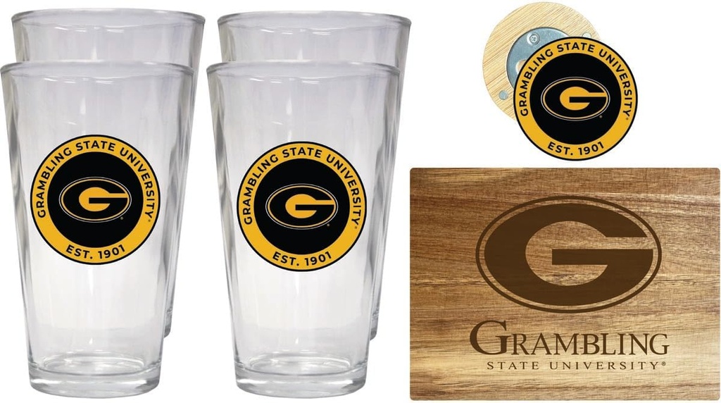 R and R Imports Grambling State Tigers Officially Licensed Kitchen Pack - Wood Cutting Board, 4 Pint Glasses & Magnetic Bottle Opener