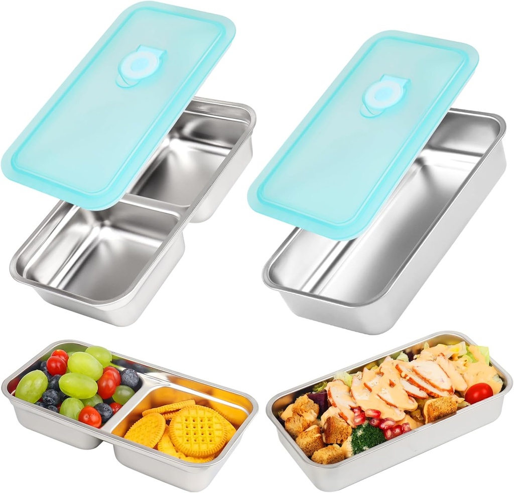 Stainless Steel Snack Containers, 2 Pack Grab and Go Snack Containers Reusable, Single and Double Compartment Food Storage Containers with Lids, Lunch Box Containers for Travel, Camping and Daily Use