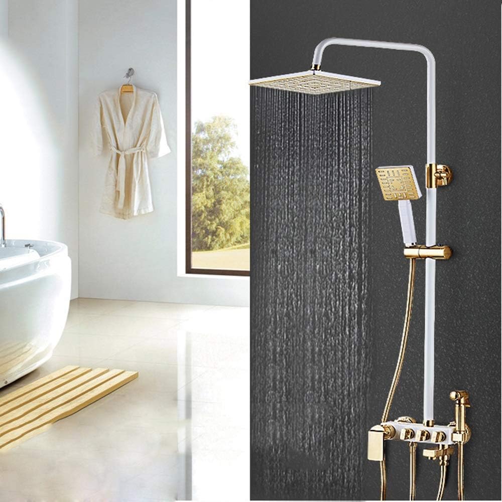 Shower Bath Set White Double Lifting Belt Spray Gun Hot and Cold Shower Set Brass Shower Faucet Square Top Spray Shower System 4 Modes Not Rusting