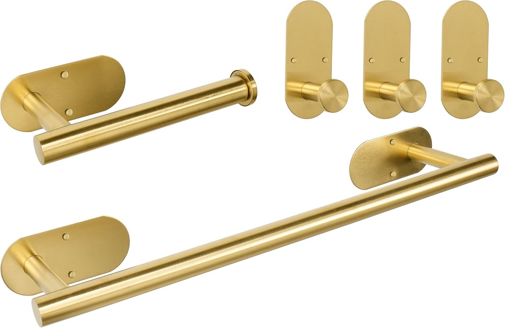 TocTen 5 Pieces Wall Mounted or Self Adhesive Towel Bar Set, Stainless Steel Bathroom Hardware Set Include 16″ Towel Rack, Toilet Paper Holder, 3 Towel Hook, Sticky Bathroom Accessory Kit (Gold)