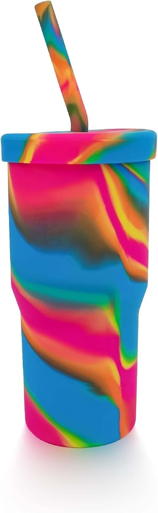 30 Oz Quencher Tumbler Beverages Drinking Cup Popular Designed Food Safe Silicon Mug Durable Silicone Tumbler with Lid and Straw (Red-Blue-Yellow)