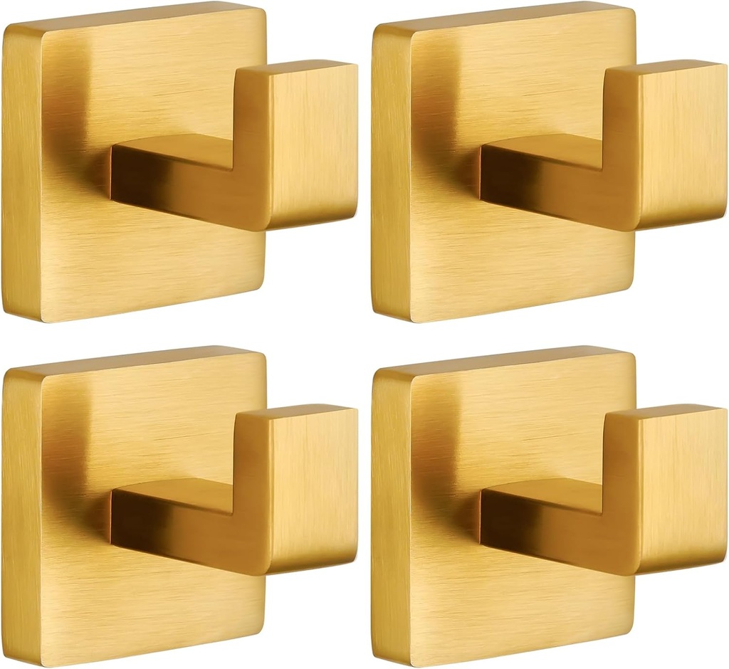 Towel Hooks for Bathrooms Robe Hook Coat Hook 4 Pack Brushed Gold Stainless Steel Heavy Duty Wall Mounted Square Hooks for Bathroom Kitchen Bedroom