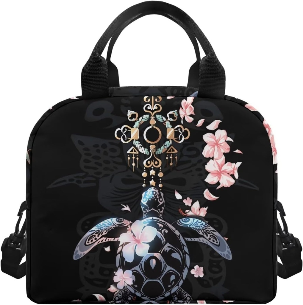 Hawaii Sea Turtle Floral Print Insulated Lunch Container for Women Tropic Turtles HIbiscus Lunch Box Leakproof Tote Bag Insulated Small Lunch Box for Work Picnic, Black