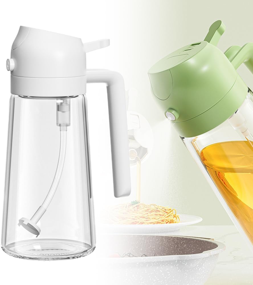 2 in 1 Glass Oil Sprayer & Dispenser, 600ml/20Oz Olive Oil Dispenser Bottle Spray and Pour, Food-grade Oil Spray Bottle Refillable Oil Dispensing Oil Sprayers for Kitchen Cooking (White, 470ml)