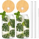 Whaline Summer Drinking Glasses with Bamboo Lids and Straws 2Pcs Gold Line Monstera Iced Coffee Cups Gold Line Plant Beer Glasses Can for Summer Holiday Travel Office Home Gift
