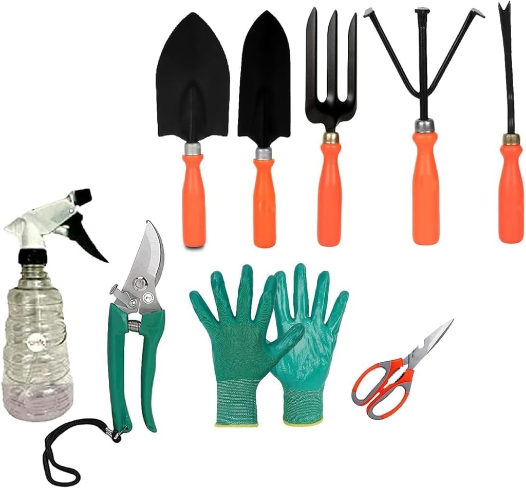 Tool Kit - 9 Pieces (Weeder, Trowels, Hand Fork, Cultivator, Scissors, Pruner, Gardening Hand Gloves, Spray Pump) | Durable Gardening Tools | Home Tool Set